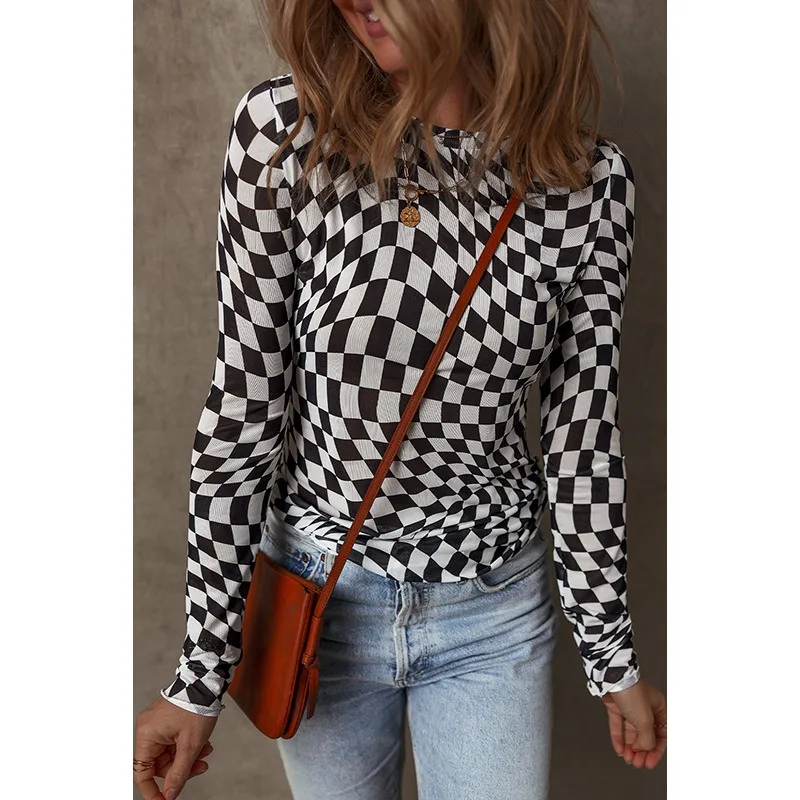 

2025 Summer Autumn Plaid Printed Slim Casual T Shirt Women O Neck Lace Full Sleeve Versatile Underwear Hipster Street Tees