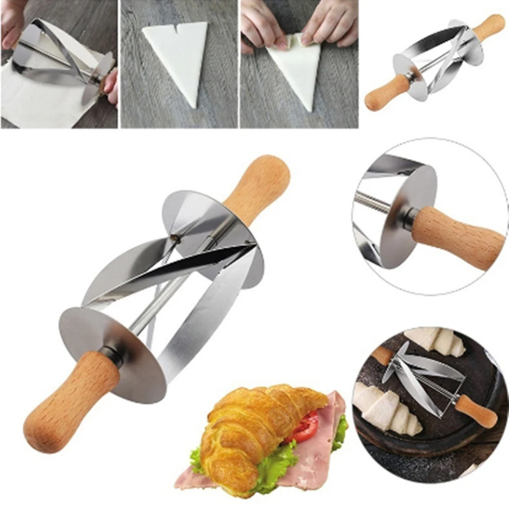 

2Pcs Croissant Stainless Steel Baking Tool Pastry Roller Kitchen Peel Food Grade 430 Rubber Wood Handle