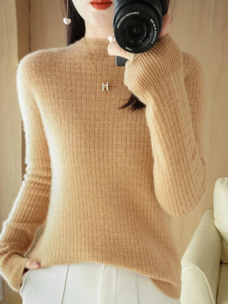 Women Basic 100% Merino Wool Sweater Mock Neck Pullover Long Sleeve Autumn Winter Solid  Cashmere Knitted Female Clothing