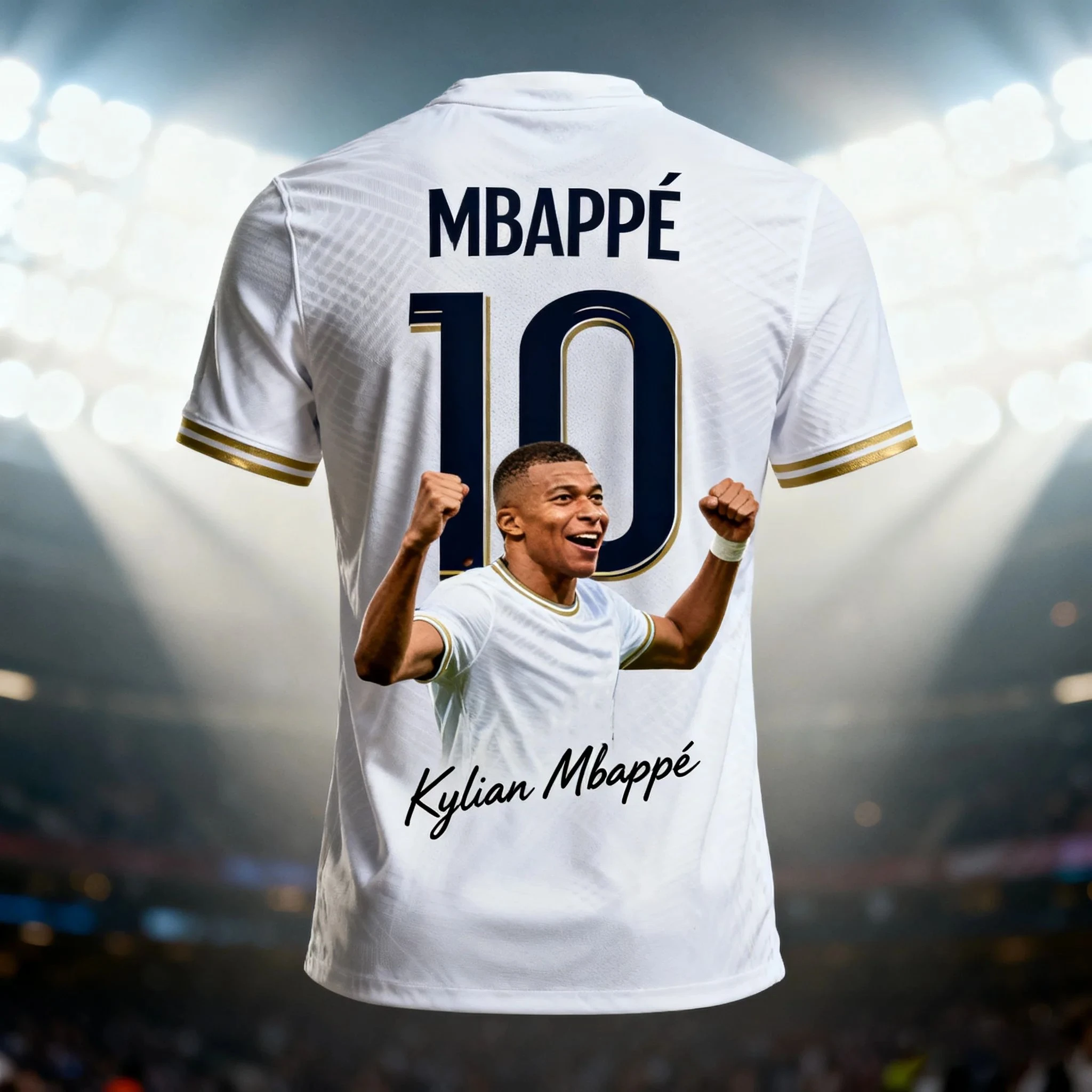 Mbappé Real Madrid Trophy Portrait Print Jersey T-Shirt, Men Women White Gold Short Sleeve Casual Streetwear Football Fan Tee