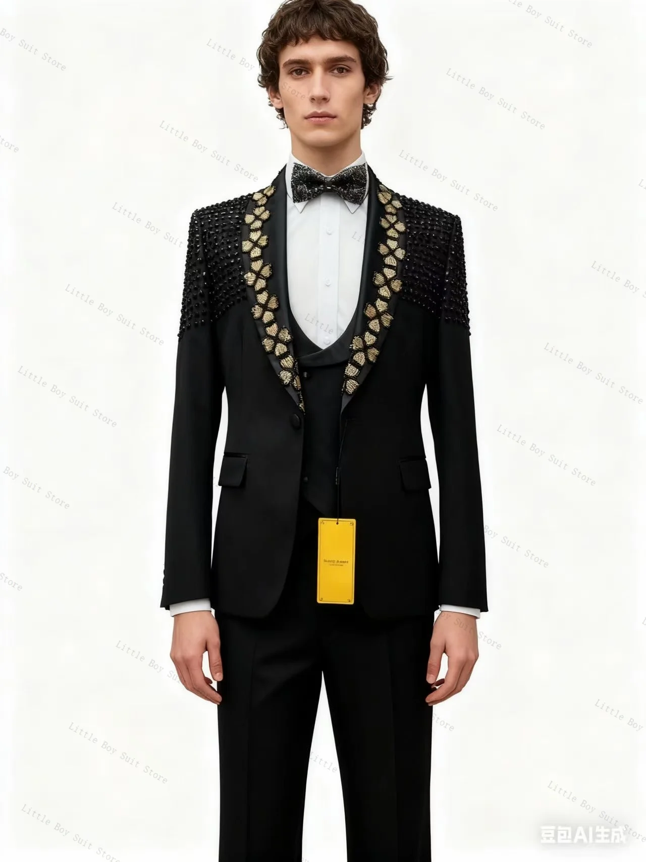 Cristaux noirs hommes costume ensemble 2 pièces mariage smoking Jacquard veste Blazer pantalon noir coton formel bureau fête manteau personnalisé