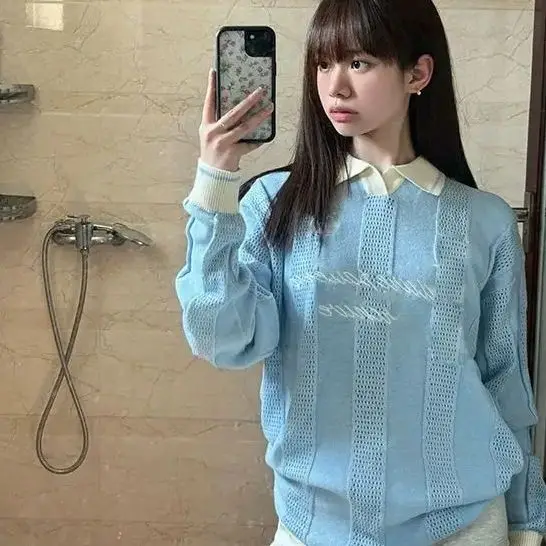 

American Sweater Long-Sleeved Top Retro Striped Knitted Autumn New Lazy Loose Blue Sweater Design