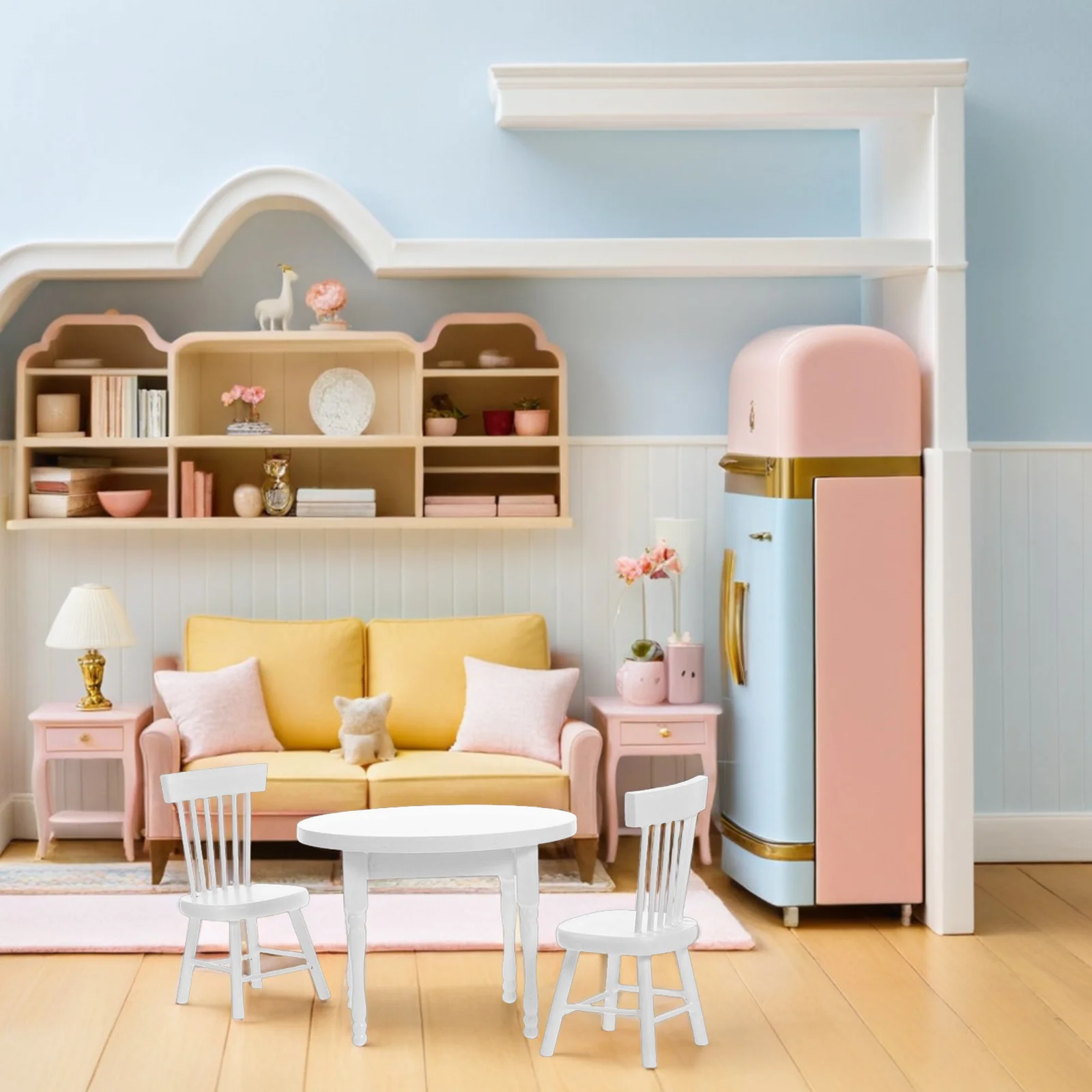 1 set di mobili in legno per casa delle bambole in miniatura, sedie da tavolo, mini soggiorno bianco, sala da pranzo, arredamento, accessori in miniatura