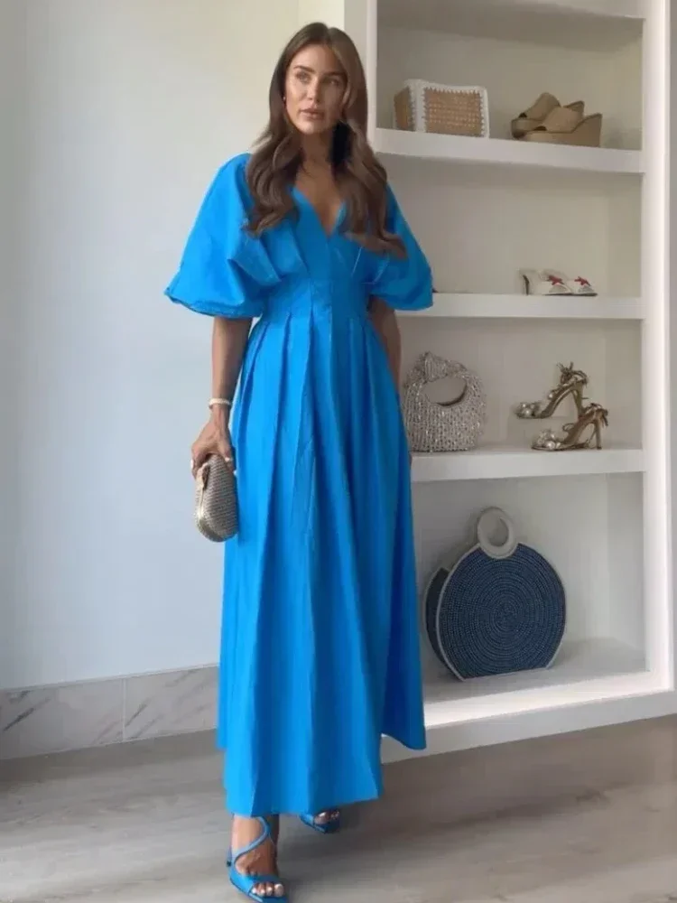 Elegant Pleated Short Puff Sleeve Women\'s Long Dress 2024 New Summer Luxury Blue Deep V Neck Party Robe Chic Lady Street Dresses