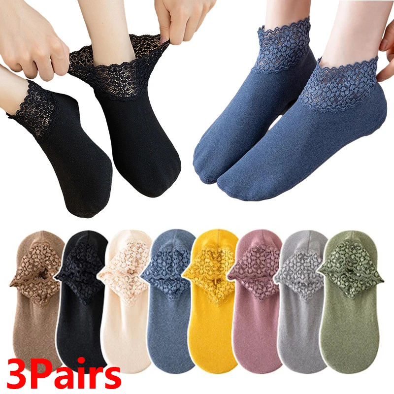 3Pairs Casual Low Tube Lace Thermal Socks Women Thick Home Floor Socks Warm Velvet Solid Anti-slip Slippers Breathable Socks