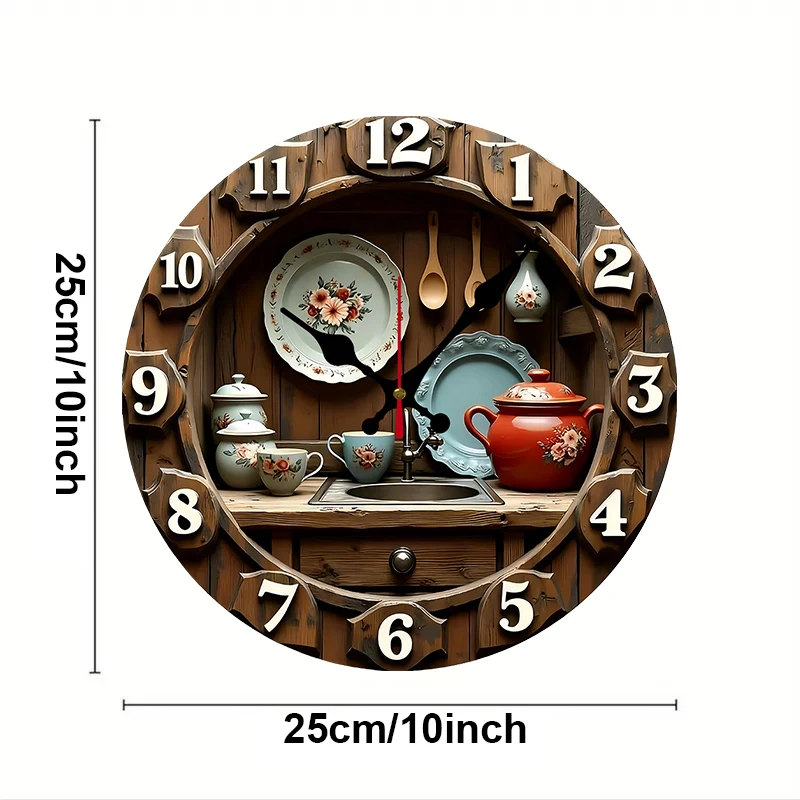 2D Flat Vintage Kitchen Design Wooden Round Silent Hanging Wall Clock,For Living Room,Office,Study Room,Bedroom,Home Decoration