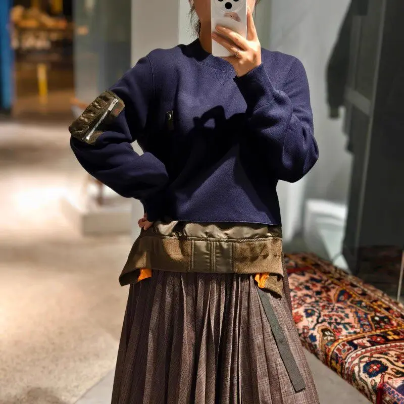 SAC splicing contrasting color loose casual splicing crew neck sweater jacket