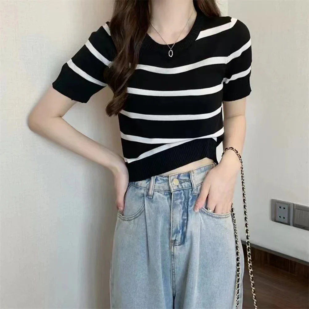 

Stripe Pattern Crop Top Women Short Sleeve Knitted T Shirt Slim Fit Lightweight Top for Daily Spring Summer Wear