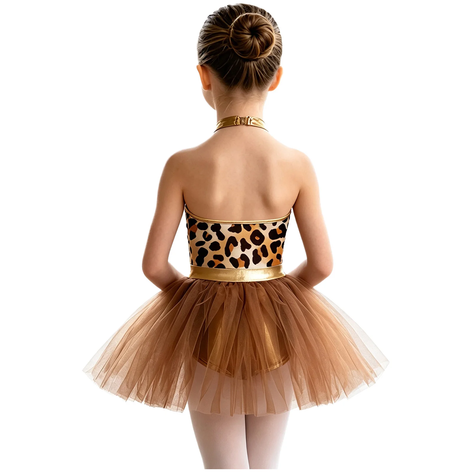 Kids Girls Ballet Dance Dress Halter Backless Sleeveless Printed Bodice Tulle Leotard Figure Skating Gymnastic Ballerina Costume