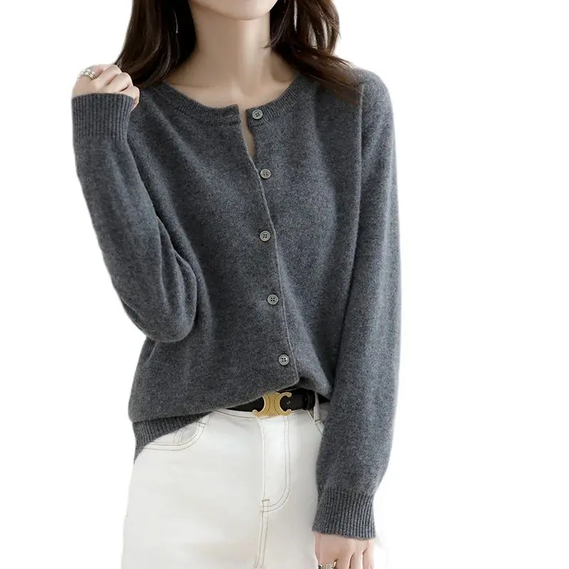 2024 Casual New Sweater Cardigan Round Neck Solid Color Sweater Coat Knitted Temperament Western Style Daily Commuter Top