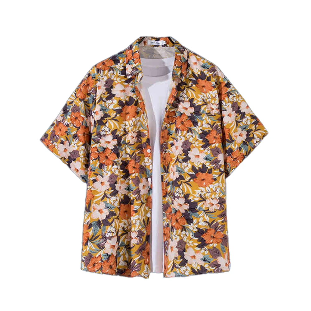 Men's Hawaiian Flowers Coconut Tree Print Shirt Harajuku Summer O Neck Casual Shirt Oversized Street Retro Beach Floral Shirts