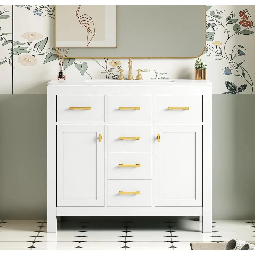 36" Bathroom Vanities with Single Sink Set, Bathroom Storage Cabinet with 4 Drawers and 2 Soft Closing Doors, Solid Wood Frame B