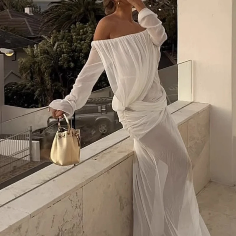 Vestido transparente sexi de manga larga para mujer, aberturas altas, cuello oblicuo, pliegues, fiesta en la playa, vacaciones, Vestidos elegantes de verano