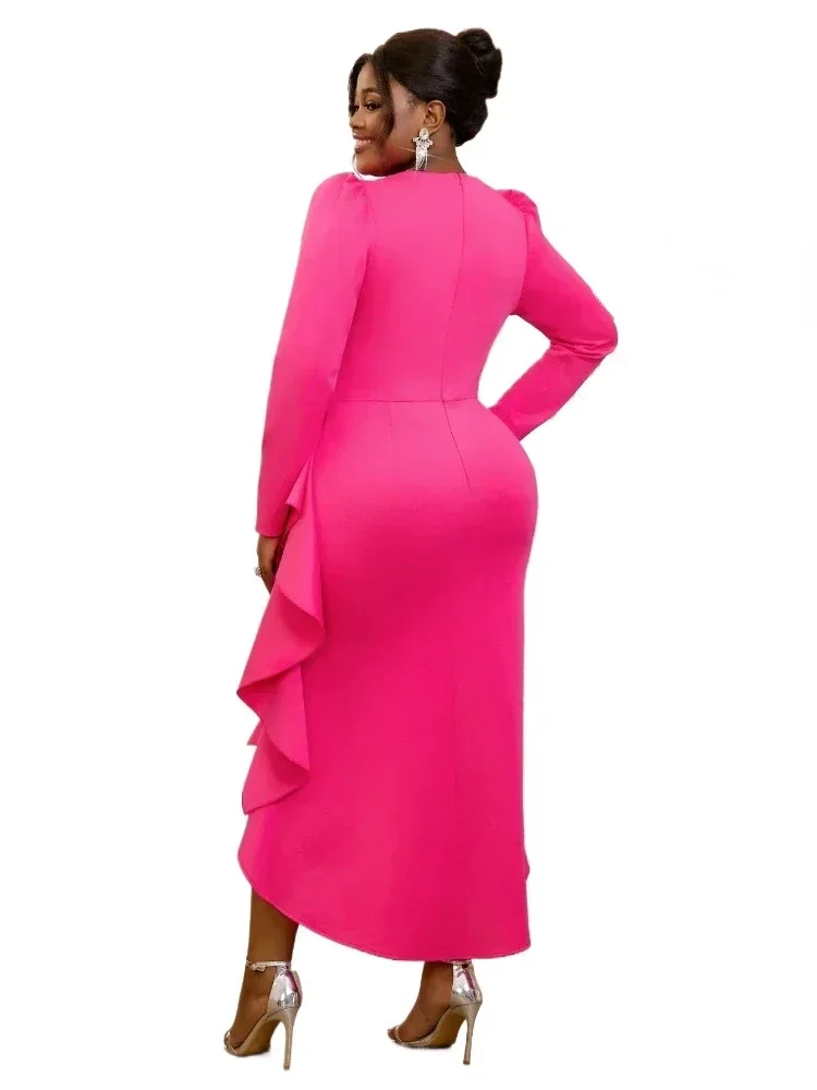 Elegant Party Dresses Fuchsia for Women V Neck Long Sleeve High Waist With Belt Irregular Ruffles Celebrate Gowns Wedding Guest