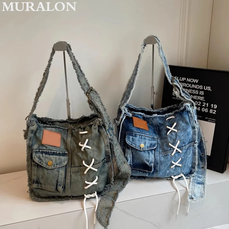 Vintage Denim Crossbody Bag Fashion Street Style Pocket Design Ladies Shoulder Bag Shopping Trave Cowboy Underarm Bag