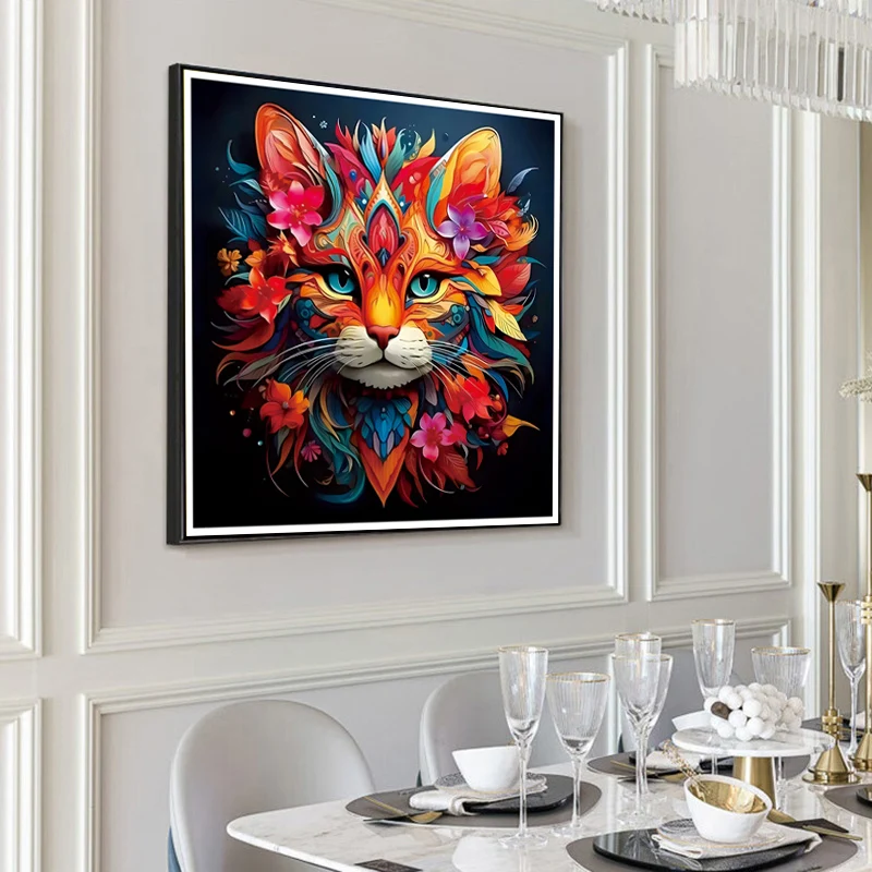 A Beautiful Colorful Cat Cross-Stitch Kit, DIY Simple and Beginner-Friendly Printed Embroidery Material Package, Living Room Home Decoration Gift