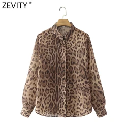 Zevity Damenmode Leopard Print Chiffon Bluse Büro Damen Langarm Button Up Streetwear Shirts chic Blusas Tops ls9949