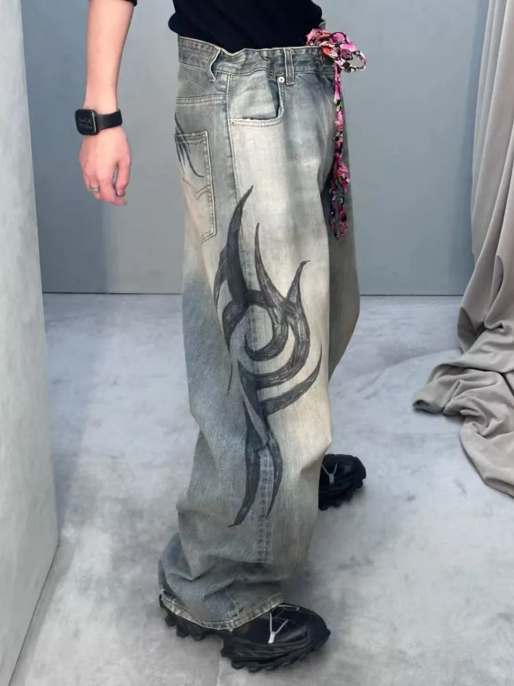 

American Vibe Dragon Totem Print Wide Leg Jeans Loose Long Pants Women's Faion High Street Brand Waed out Casual Trousers