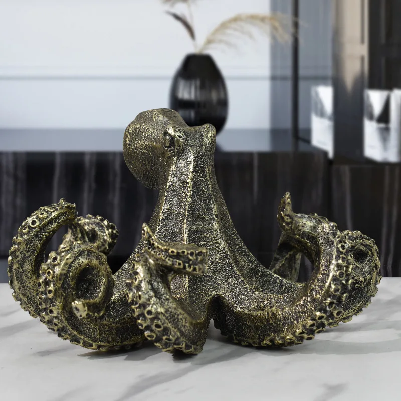 Resin Handicraft Artificial Animal Sculpture Gold Octopus Squid Ocean Marine Organism Decorative Figurines Home Decoration