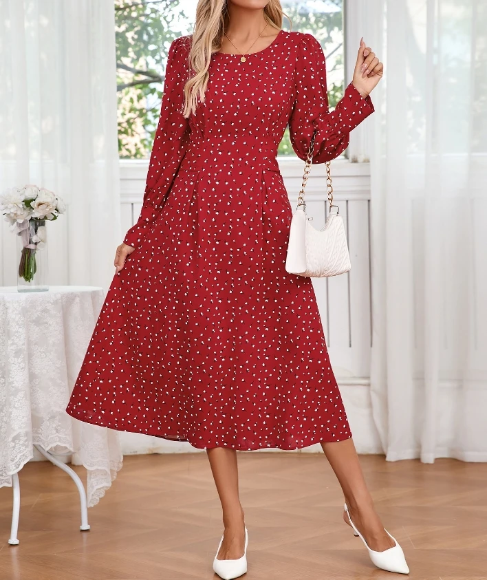 Women's Sweet Dress 2024 Autumn Winter Latest Elegant Small Floral Round Neck Strap Long Sleeve Maxi Dress Large Size Long Skirt