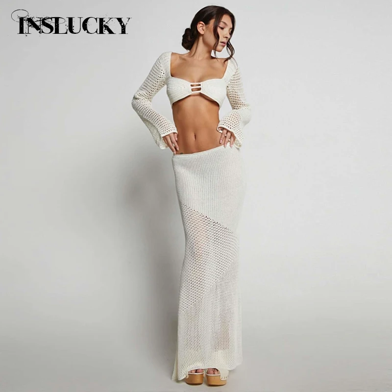 

InsLucky-Women's Hollow Out Backless Bandage Suit,Long Sleeve Cropped Tops,Matching Long Skirts,Knitted Two Pieces Sets,Trendy