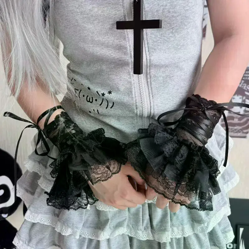 1 Pair JK Lolita Lace Wrist Cuffs Silk Ribbon Y2K Black White Ruffles Gloves For Girls Cosplay Props