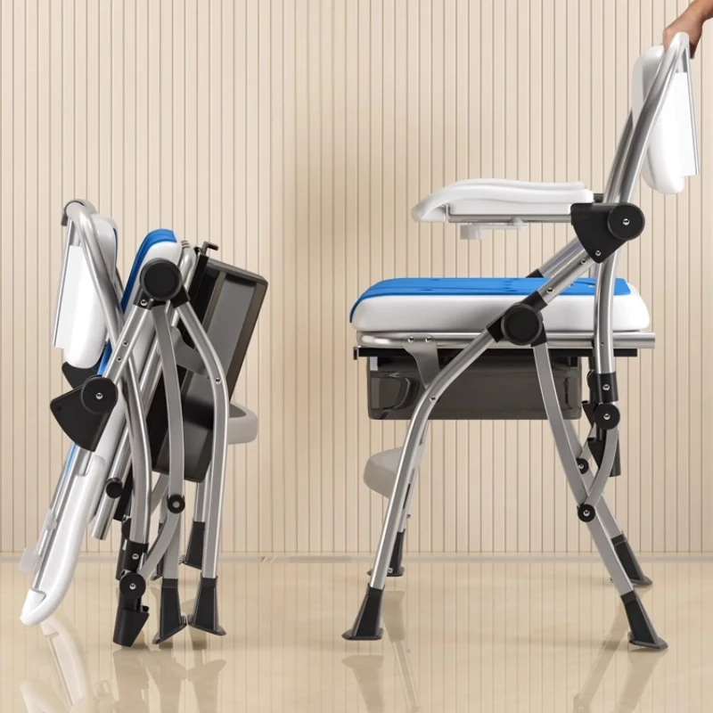 ‌Folding Toilet Shower Chair 4-Level Adjustable Bath Stool with Extra-Wide Seat Detachable Bucket for Elderly/Pregnant Home Use