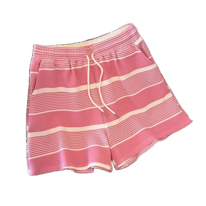 2025 New Fashion Heavy Diamond Embedded Anti-Aging Striped Set Women Summer Loose Short Sleeve Shorts Two-Piece Set Polyester Fi