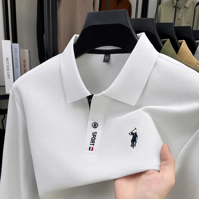 100 القطن قميص بولو الربيع والخريف طويلة الأكمام تي شيرت رجالي مطرزة الأعمال الجديدة والترفيه بلون فضفاض تي شيرت