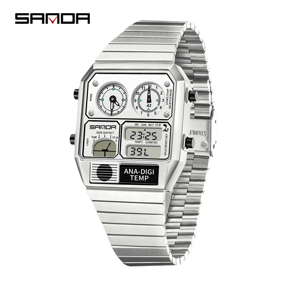 SANDA 2026 NEW TOP Brand Hot-selling LED Electronic Square Casual Multi-function Thermometer Stopwatch Chronograph Watch