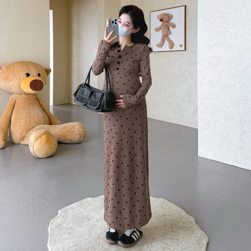 Maternity Dress 2026 Spring Autumn Slim Fit Soft Elastic Simple Casual Comfortable Printed Long Sleeve Dress For Pregnant Women