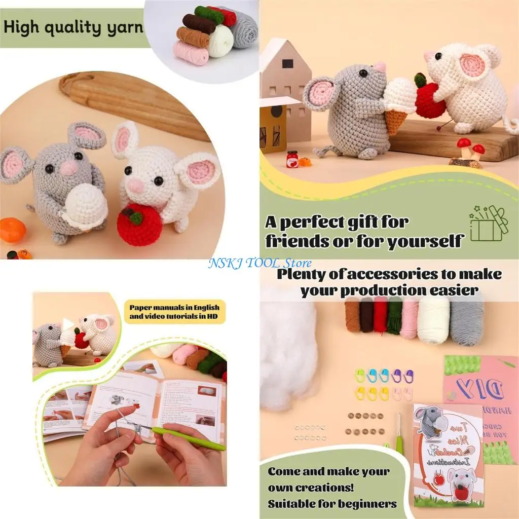 

L8RC Наборы для вязания крючком для начинающих Полный набор пряжи для вязания крючком «Мышь» с крючками для вязания Нитки Наборы