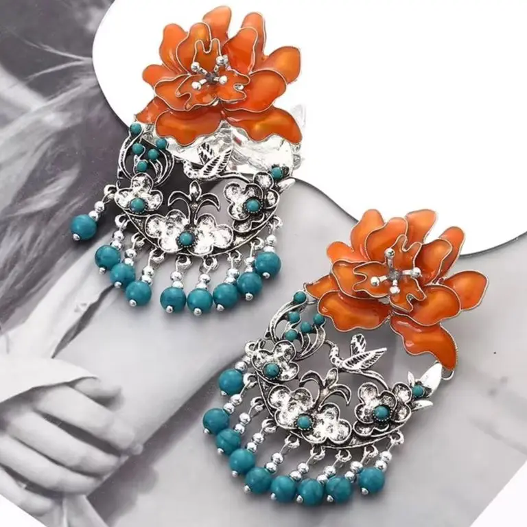 

Vintage Ethnic Imitation-turquoise Flower Tassel Long Earrings