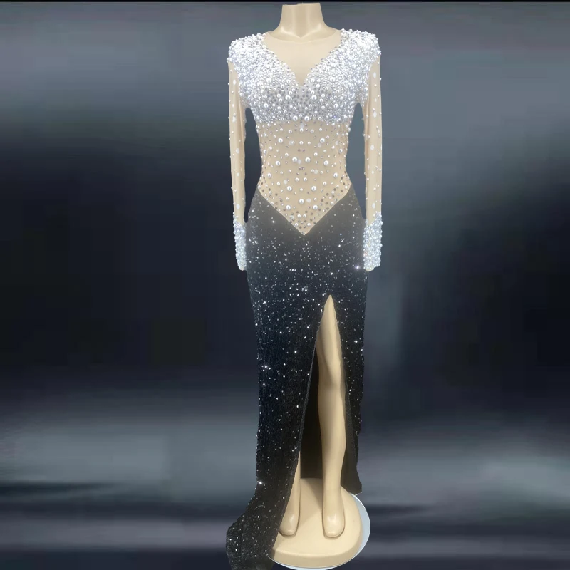 

High Slit Dinner Gown For Ladies Mermaid Robe Sexy V Neck Long Sleeve Prom Dresses For Black Girls Beaded Pearls Evening Dress