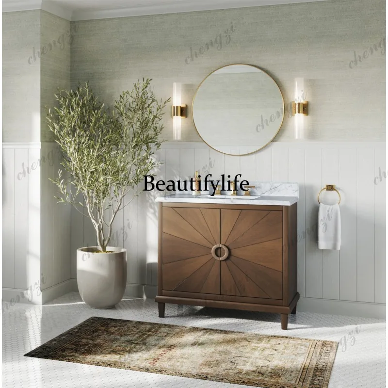 New Chinese hand wash cabinet wabi sandy wind walnut konali integrated basin bathroom cabinet minimalist bathroom