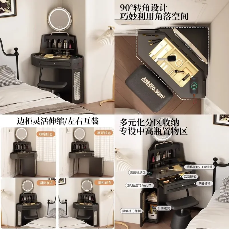 Retro Black Triangle Corner Dresser Compact Makeup Vanity Table for Small Apartment Bedroom Space Saving Storage Furniture