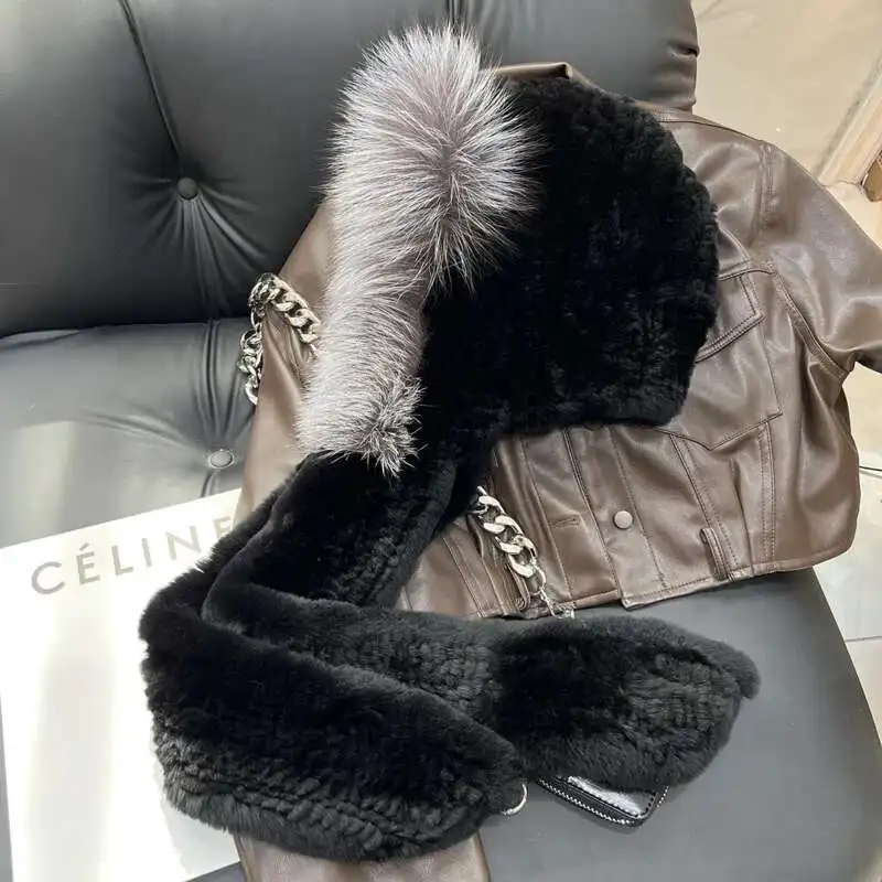Rex Rabbit Fur Hat Winter Natural Fur Snow Cap Scarves Female Fur Hat Women Outdoor Skling Scarf Hats Thicken Knitted Fur Caps