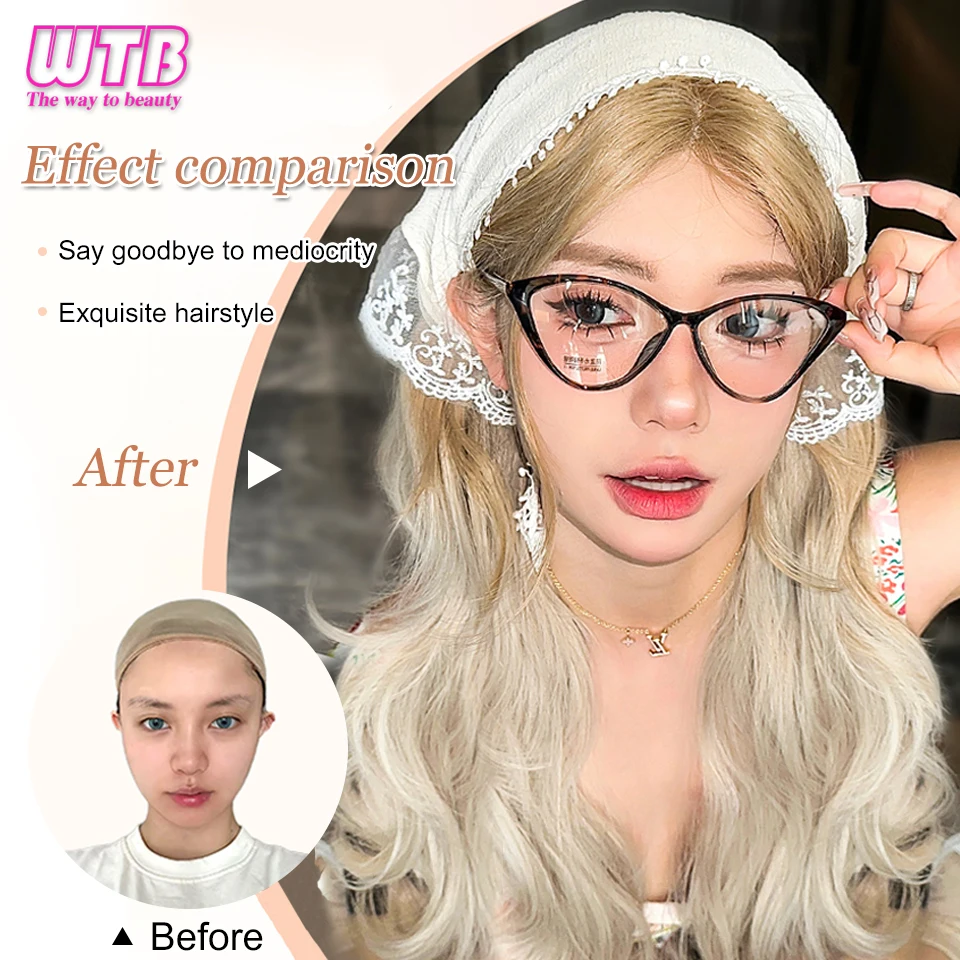 Synthetic Wigs with Bangs Ombre Light Blonde Long Wavy Curly Hair  Cosplay Wig for Women High Temperature Natural Fake Hair