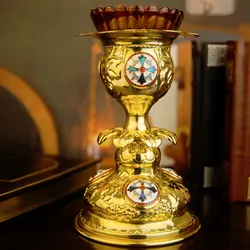 Gold Plated Christian Orthodox Liturgical Supplies Holy Communion Cup Mass Supplies Candle Holder with Religious Symbols Decor