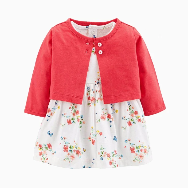 Spring Baby Girls Bodysuit Sets Cotton Floral Button Dress+ Long Sleeves Coat Infant Clothing 2PCS Newborn Baby Girls Clothes