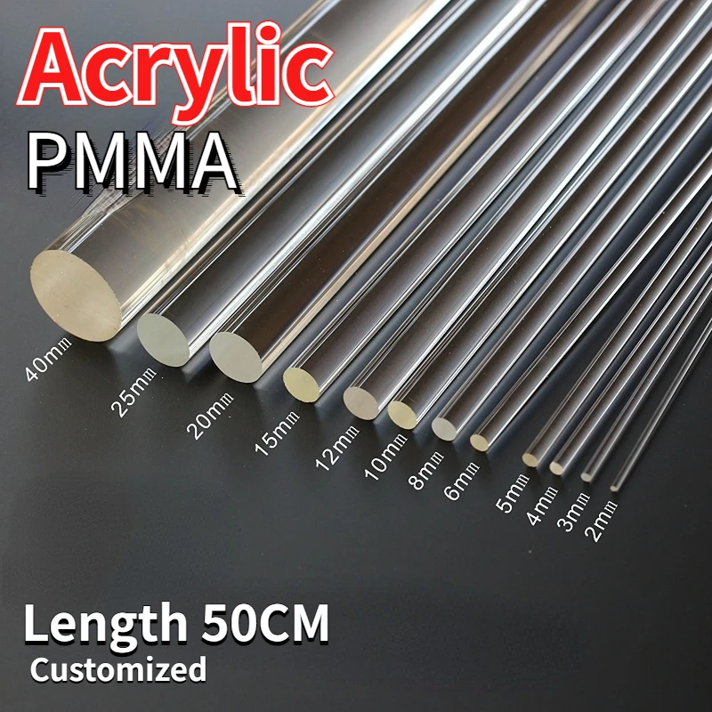1pc Transparent Organic Glass Rod Acrylic Solid Round Bar Crystal Column PMMA Light Guide Rod Dia 2-60mm DIY Tools Length 50CM