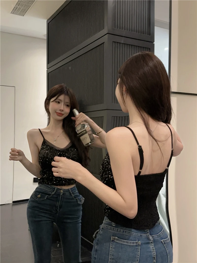 Women Sexy Sequin V-neck Suspender Vest  Backless Slim Tanks and Camis Strap Glitter Crop Top Fashion Camisole Dropship