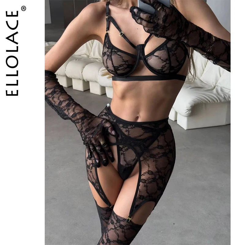 

Ellolace Sensual Sexy Adult Female Lingerie Seductive Sheer Women's Underwear Gloves Socks Sissy Black Bridal Dancer Custume