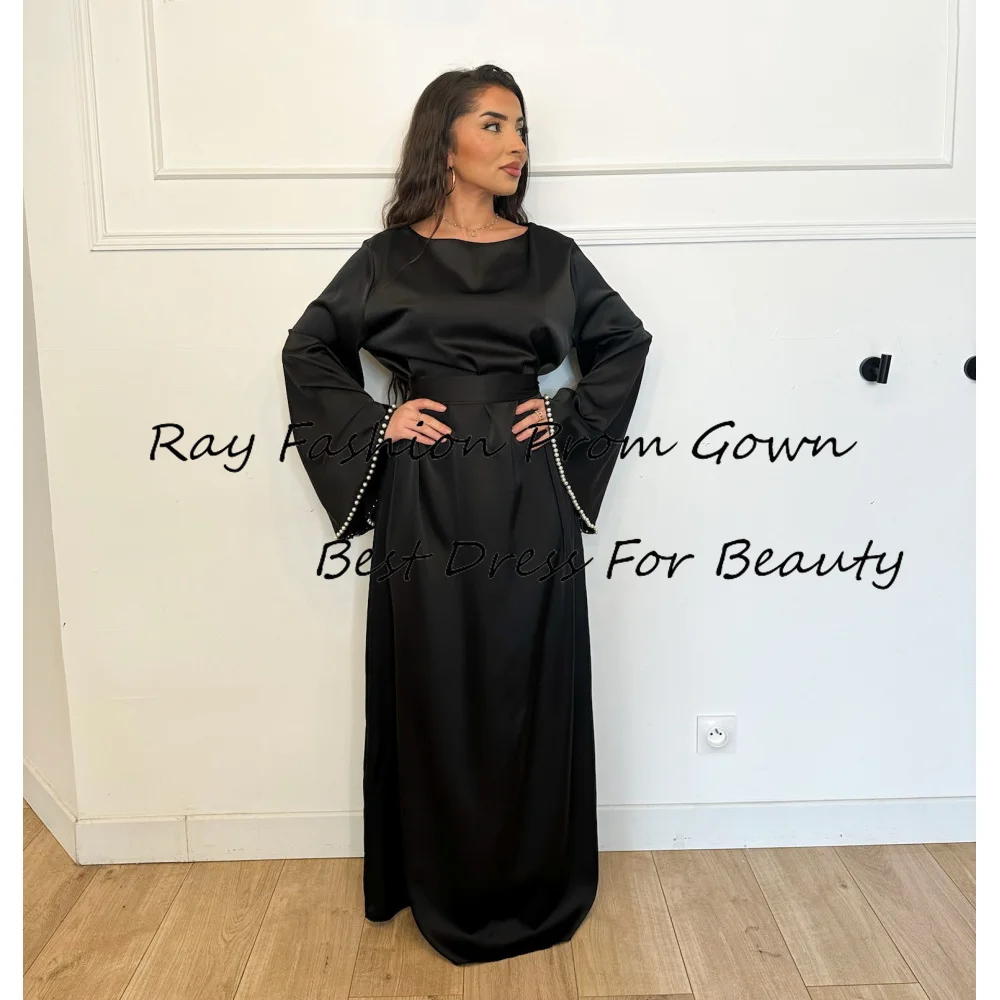 

Fashionable A Line Evening Dress Satin O Neck Full Sleeves With Perals Floor Length For Women Formal Evening Party Gowns