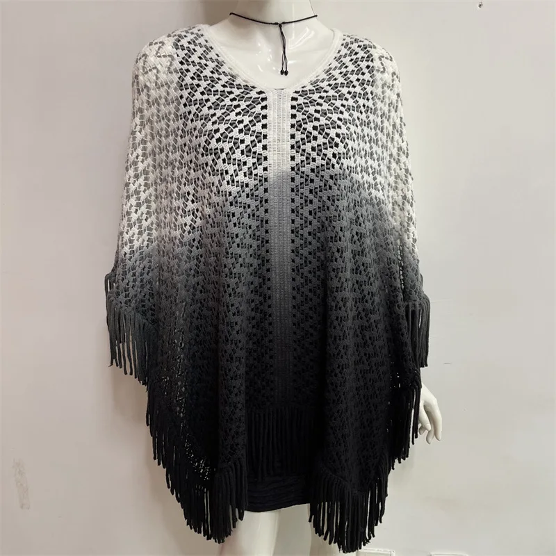 2022 Spring Hanging Dyed Shawl  Tassels On Four Sides Gradient Color Wavy Pattern Loose Large Knitted Hollow Pullover White