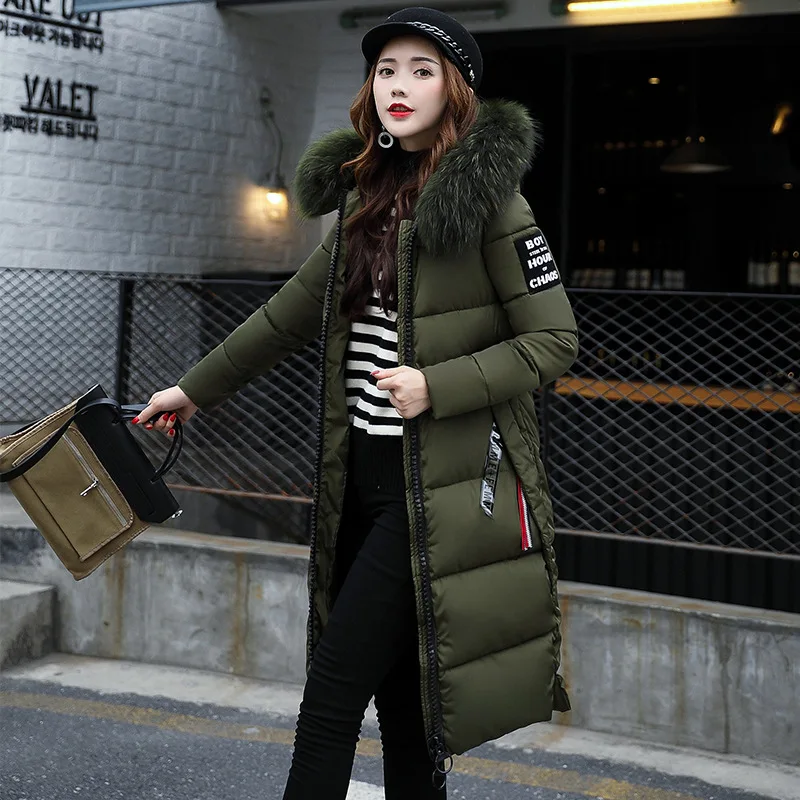 Women Solid Down Parkas Winter Fashion Big Fur Collar Thick Padded Coats Ladies Casual Hooded Cotton Outerwear Slim Long Coat