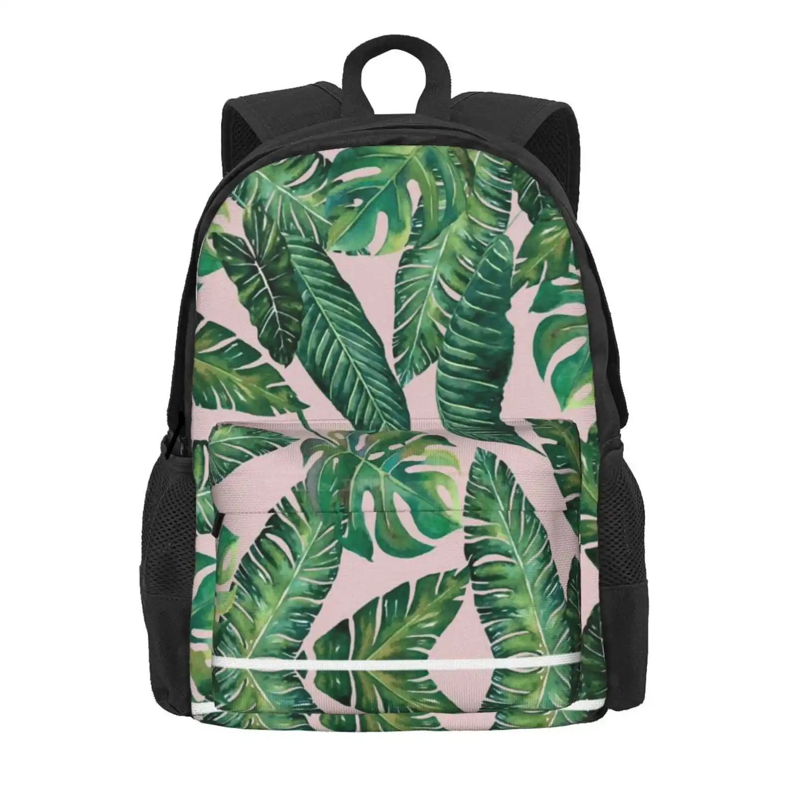 Jungle Leaves, Banana, Monstera Pink Hot Sale Schoolbag Backpack Fashion Bags Ink Pattern Watercolor Banana Monstera Jungle