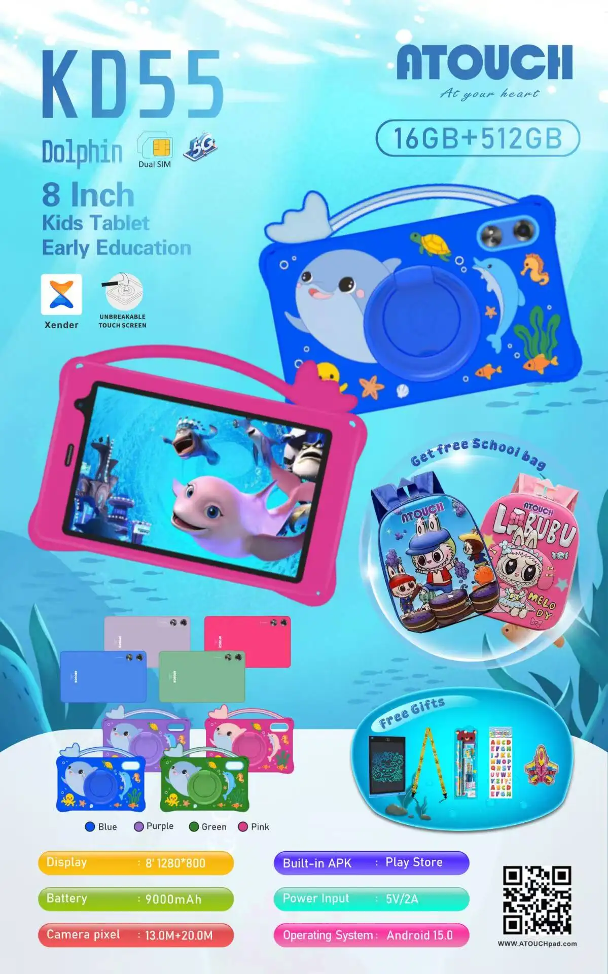 ATOUCH  KD55 dolphin 8 Inch Kids Tablet, Android 12 Quad Core Tablet PC with 3GB RAM + 64GB ROM, 1280*800 IPS Screen, 9000mAh Ba