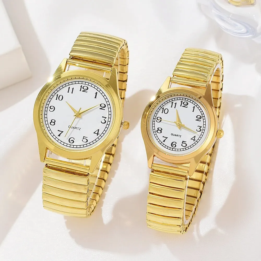 2 PCS Of Gold Retro Round Pointer Quartz Watch Classic Simulation Elastic Band Watch Suitable For Both Male And Female Couples