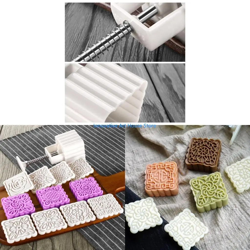 E1PC 100g Mooncake Barrel Mold with 8pcs Square Flower Stamps Hand Press Moon Cake Pastry Mould DIY Bakeware Mid-autumn Festival